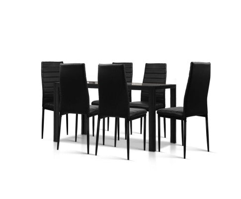 7-Piece Set Tempered Glass Dining Set Table and 6 Chairs Black - JVEES