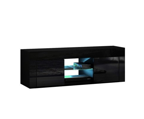 130cm RGB LED HIgh Gloss Entertainment Unit Tempered Glass Shelf - Black - JVEES