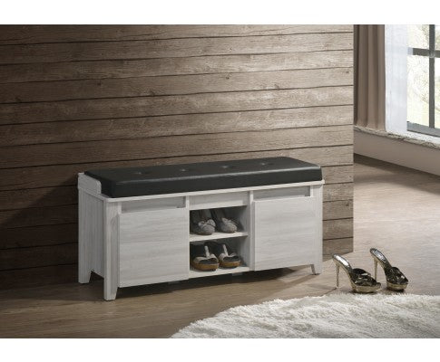 Bench Shoe Storage Cabinet Leather Upholstery In White Oak - JVEES