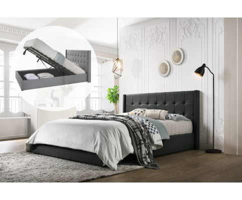 King Sized Winged Fabric Bed Frame with Gas Lift Storage in Charcoal - JVEES