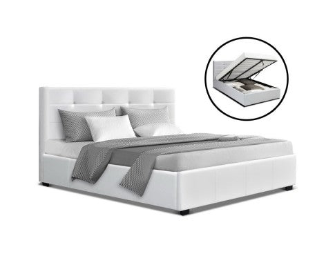 Double Full Size Gas Lift Bed Frame Base With Storage - White Leather - JVEES