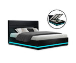 RGB LED Queen Size Gas Lift Bed Base Storage Black Leather - JVEES