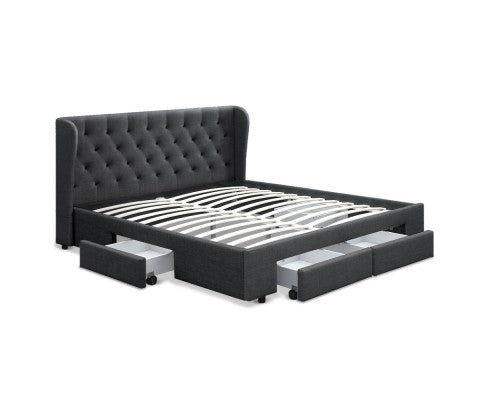 King Size Bed Frame Base Mattress With Storage Drawer Charcoal Fabric - JVEES