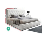 Queen Size Gas Lift Bed Frame Base With Storage White Leather - JVEES