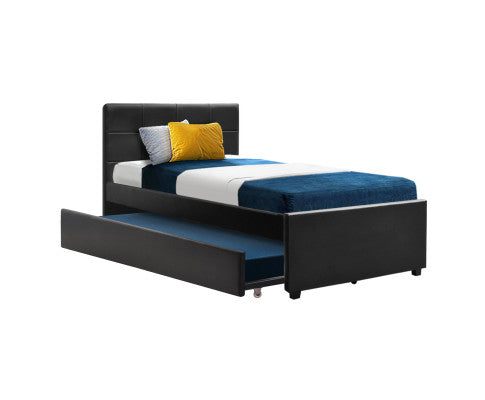 King Single Leather Trundle Bed Frame Black - JVEES