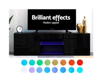 130cm RGB LED HIgh Gloss Entertainment Unit Tempered Glass Shelf - Black - JVEES