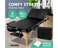 75cm Wide Portable Wooden Massage Table 3 Fold - Black - JVEES