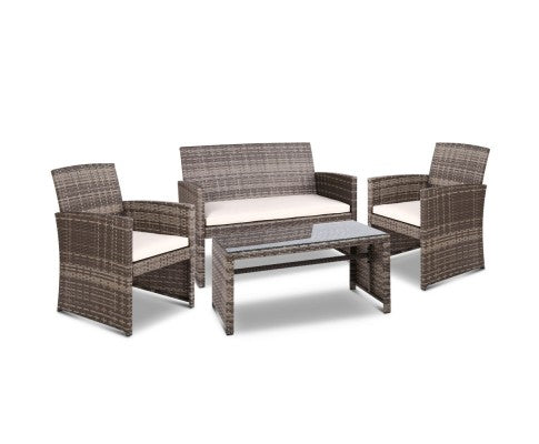 Set of 4 Outdoor Rattan Chairs & Table - Grey - JVEES