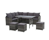 9 Seat Outdoor Sofa Dining Set - Mixed Grey - 3 Ottoman - JVEES