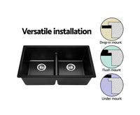 790x460mm Stone Granite Kitchen Sink Double Bowl Top Undermount - Black - JVEES