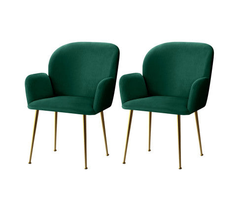 Set of 2 Dining Chair Armchair Upholstered Velvet Green