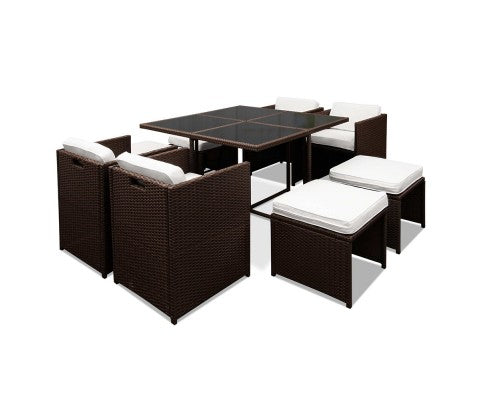 9 Piece Outdoor Dining Set Brown & White - JVEES
