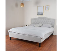 Coburg Queen Bed Beige Linen Fabric Upholstered - JVEES